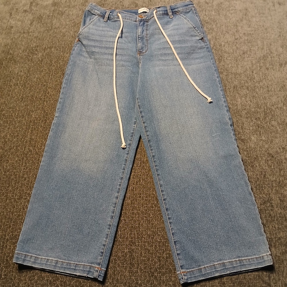 Wonderly Cropped Wide Leg Jeans Blue Drawstring Denim Pants Sz 12 DWYB063-KNW